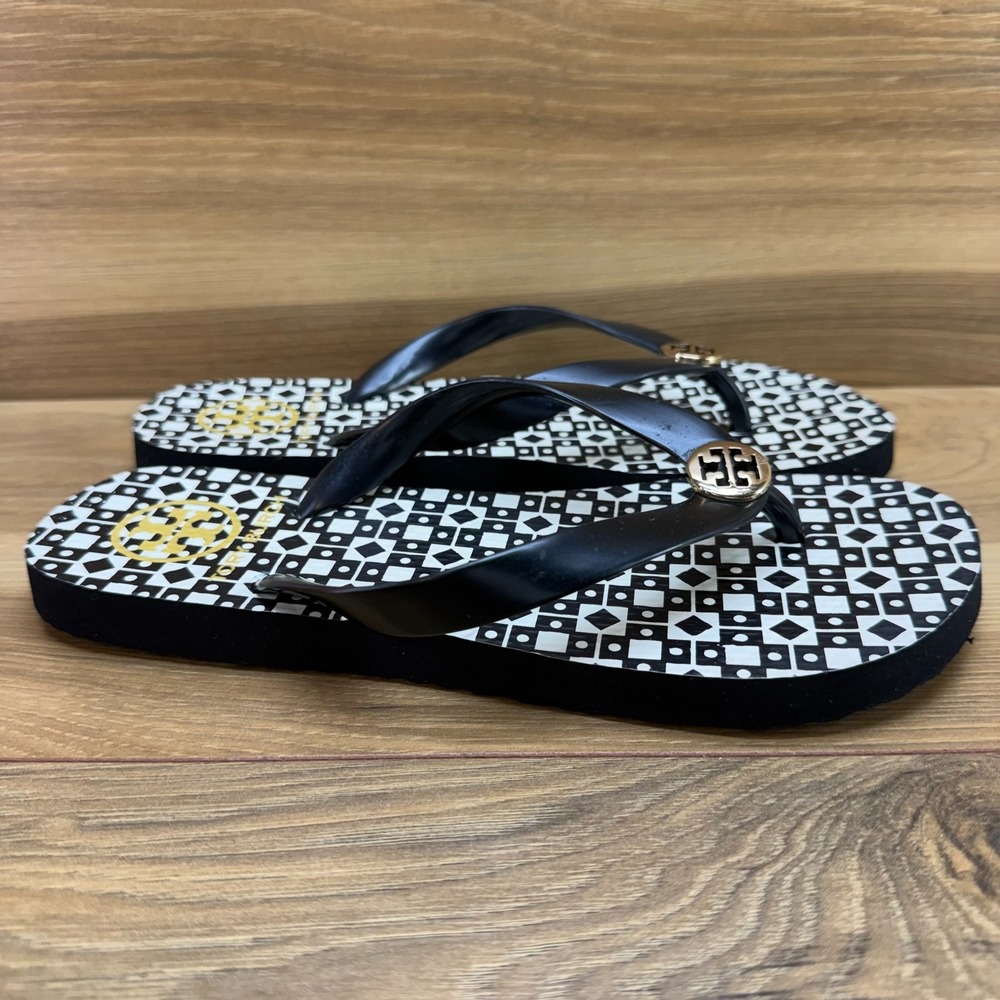 Tory Burch Flip Flop Thong Sandals Womens 6 Black White Geometric Travel Resort - Picture 5 of 10